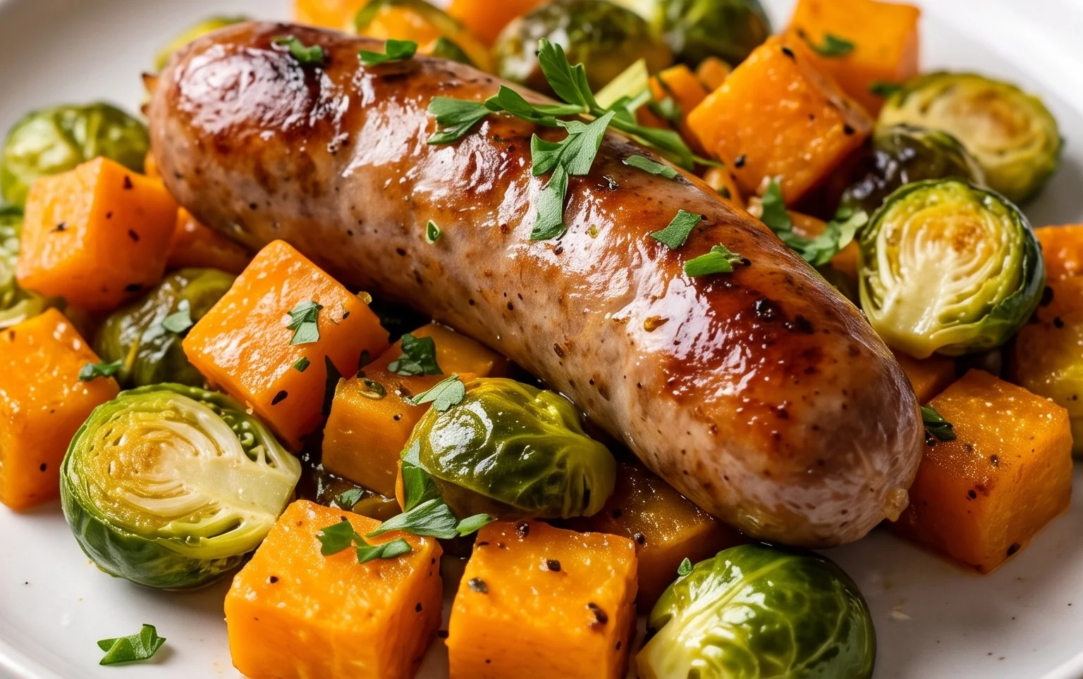 Autumn Sausage Dinner with Roasted Veggies (Butternut Squash and Brussels Sprouts)
